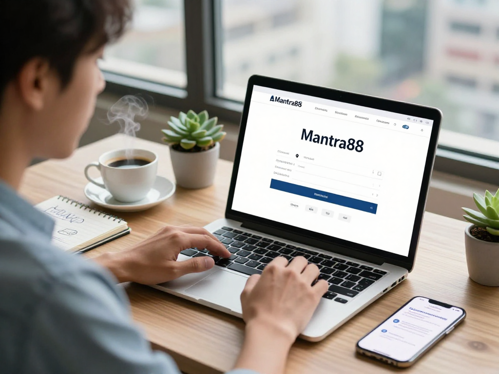 User focusing on mantra88 login process on laptop in a cozy workspace with financial goals and coffee.