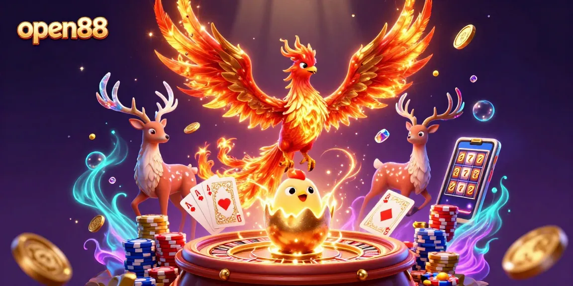 Experience the excitement of open88 with a vibrant illustration showcasing, winning elements and unique characters in action.