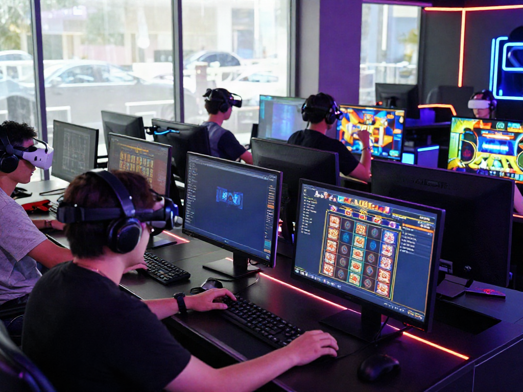 Exciting online gambling scene showcasing diverse gamers enjoying ทดลองสล็อต in a high-energy lounge setting.