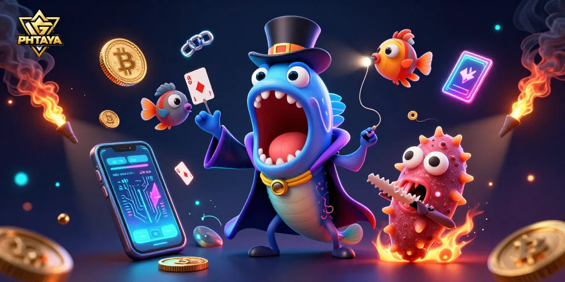 PHTAYA showcases a 3D cartoon scene with an eel magician and anglerfish spotlighting exciting casino actions.