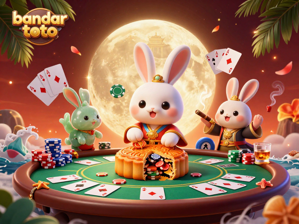 Engage with bandar toto by winning poker chips revealed from mooncakes in an exciting lunar casino scene.