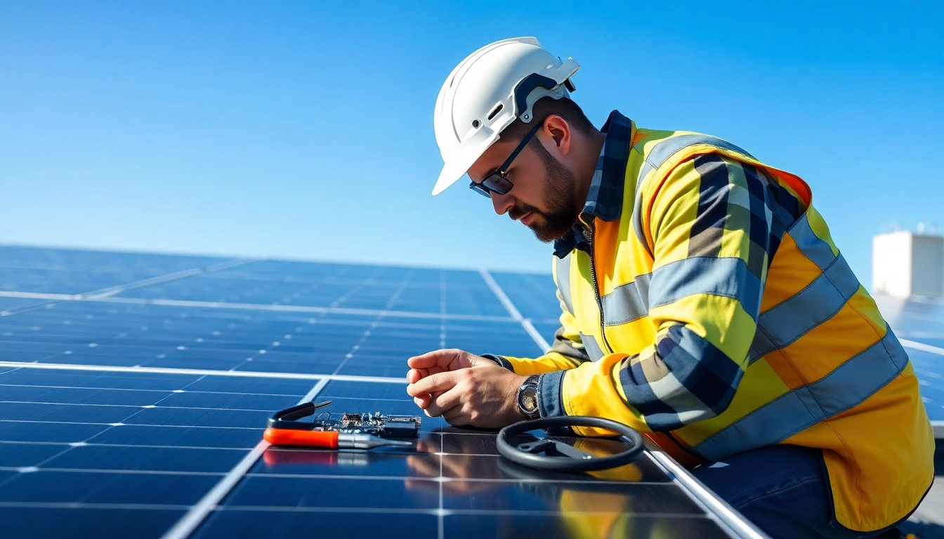 Technician engaged in solar panel repair, showcasing detailed work with equipment.