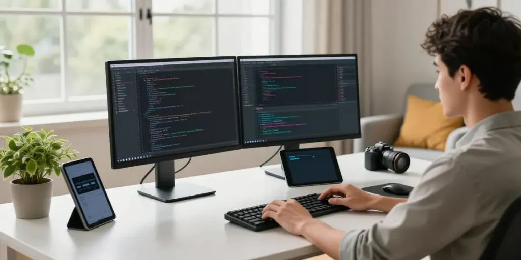 Young professional at a tech-focused home office desk featuring https://jago108.com/ on dual monitors, modern workspace.