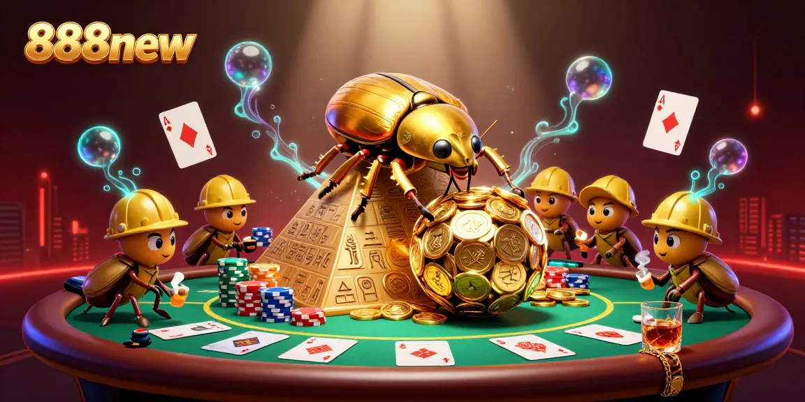 Engage with 888new for a vibrant 3D casino scene featuring beetles and poker elements.