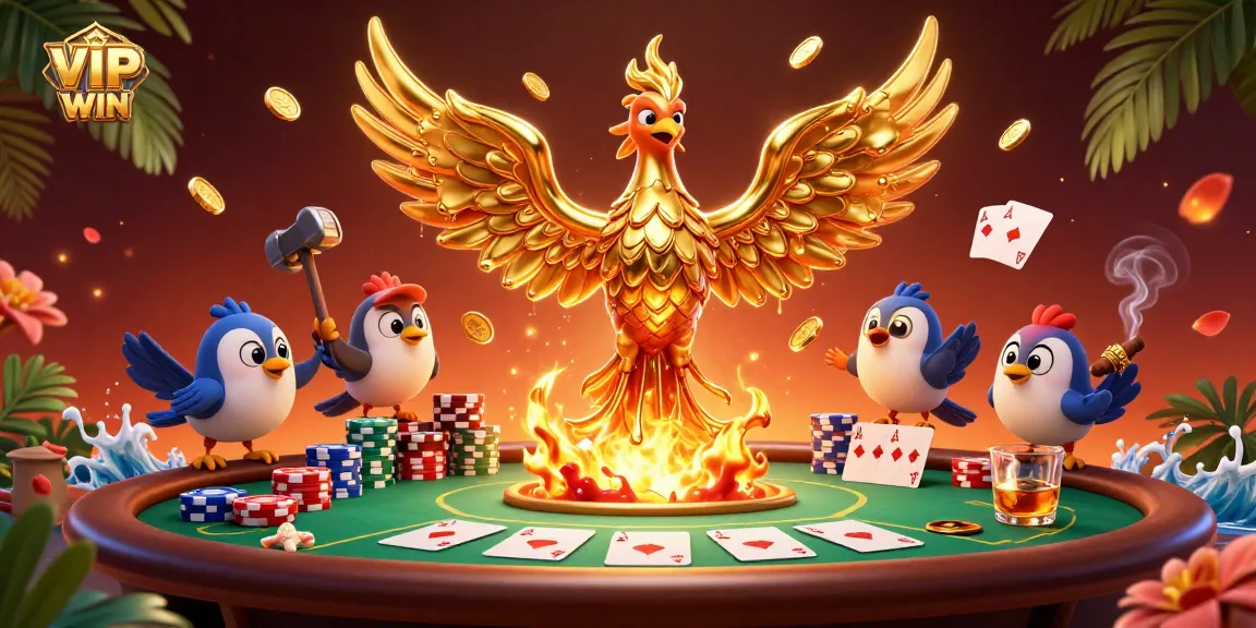 Engage with VIPWIN’s vibrant scene showcasing a molten gold phoenix amid an elaborate poker setup.