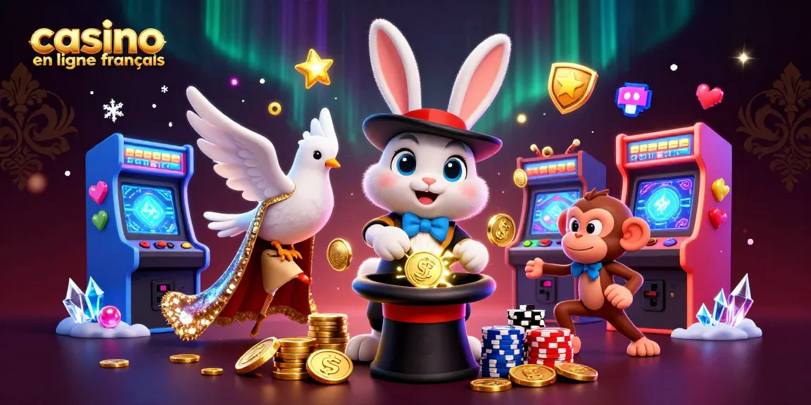 Le casino en ligne français dévoile une scène magique avec un lapin, un pigeon, et un singe, entourés de jeux et de pièces dorées.