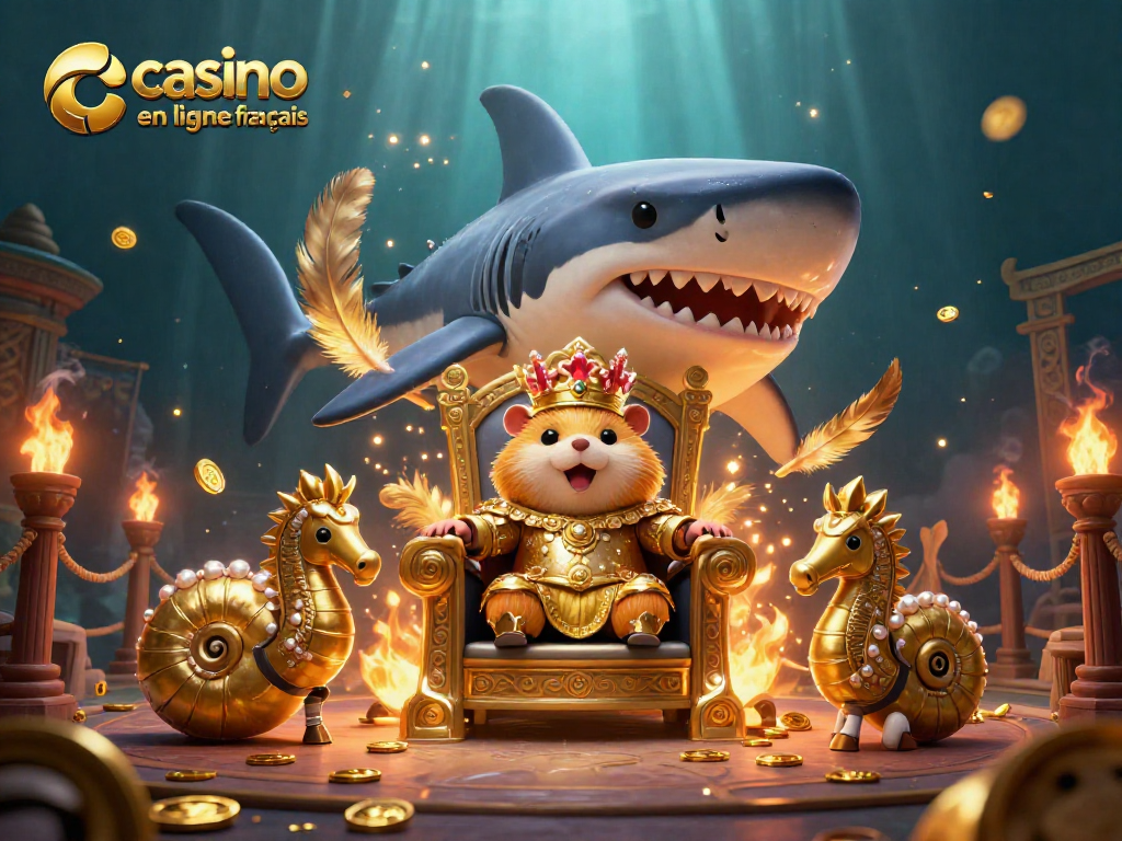 Illustration dynamique du casino en ligne français avec un roi hamster et des gardes, entourés d'effets de rêve.