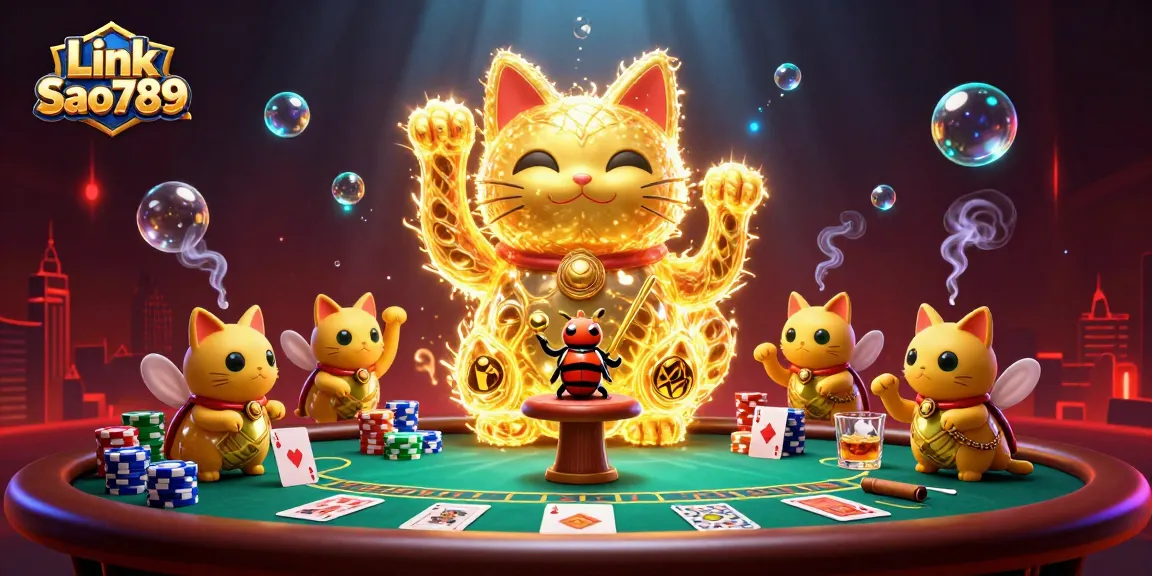 Experience the thrill of Link Sao789 as golden fireflies form a lucky cat amidst vibrant casino elements.