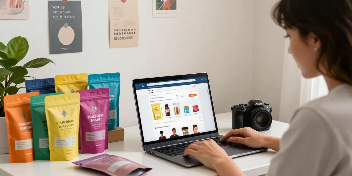 See the top brands of kratom products in a stylish home workspace with vibrant packaging and laptop.