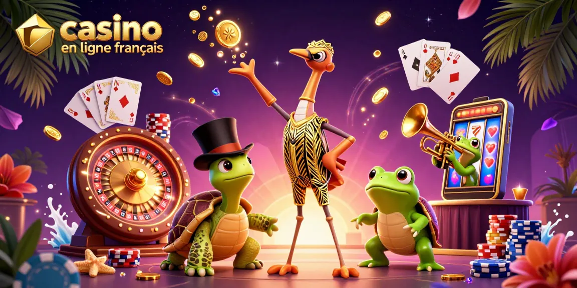 Illustration dynamique présentant un casino en ligne français animé, avec des personnages charmants et des récompenses scintillantes.
