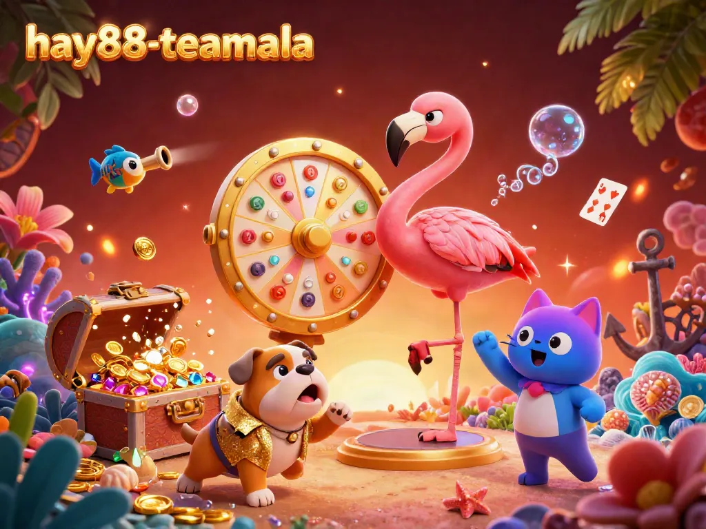 Experience the excitement at hay88-teamala with a vibrant game show scene featuring a flamingo host and prize wheel.