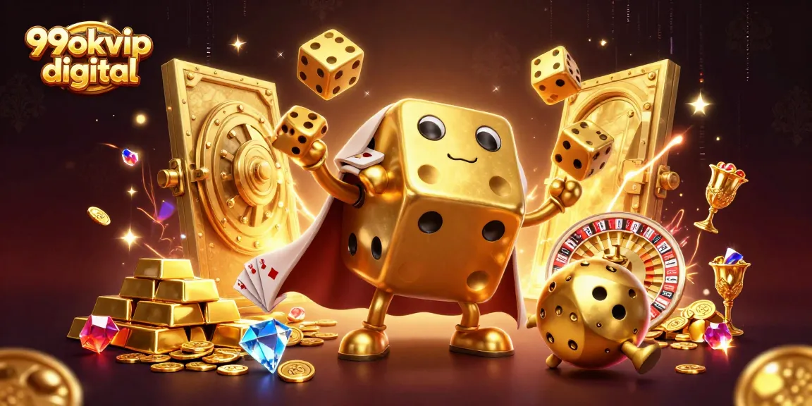 Engage with 99okvip digital's animated casino characters amidst gold and treasures in a 3D scene.