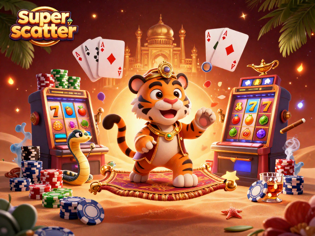 Engage in thrilling slot gameplay with super scatter features and vibrant casino scenes.
