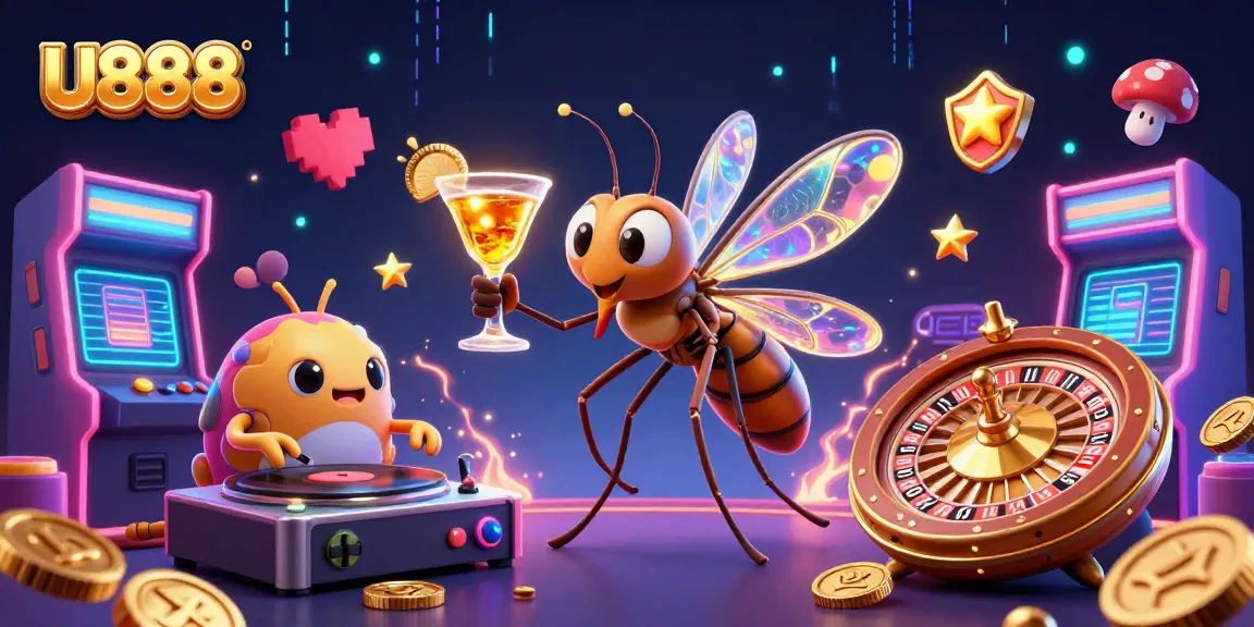 Experience thrilling games at U888 through a vibrant 3D illustration featuring unique casino elements.