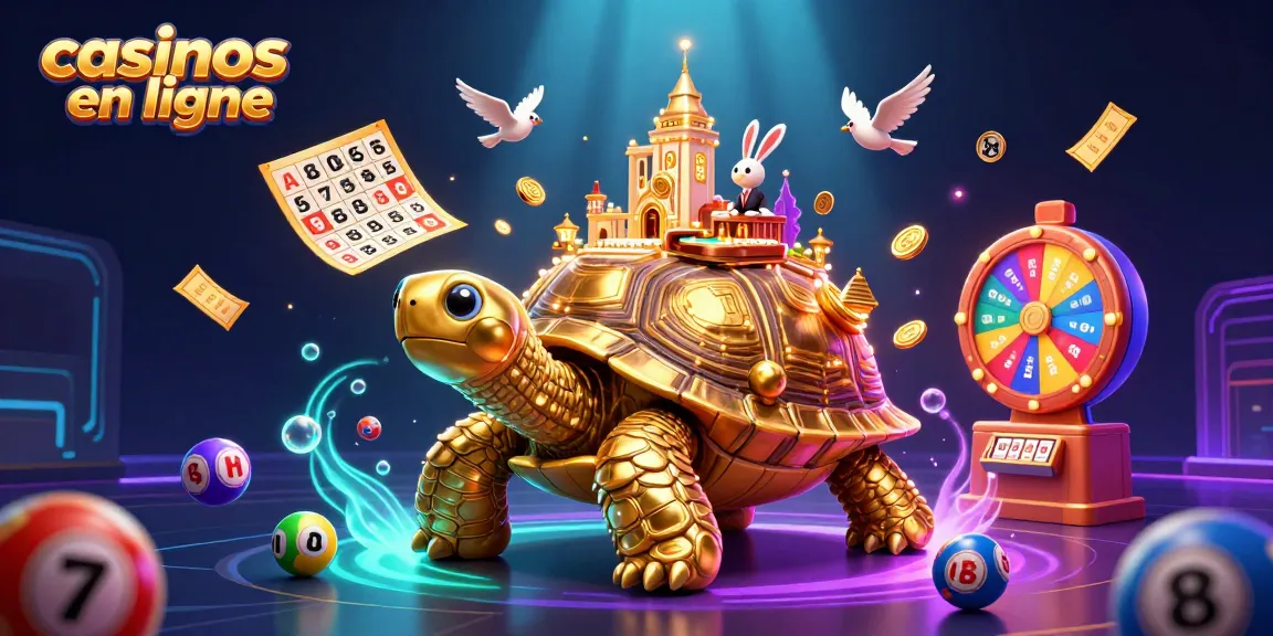 Illustration captivante de casinos en ligne, montrant une tortue géante avec un palais de casino sur sa carapace.