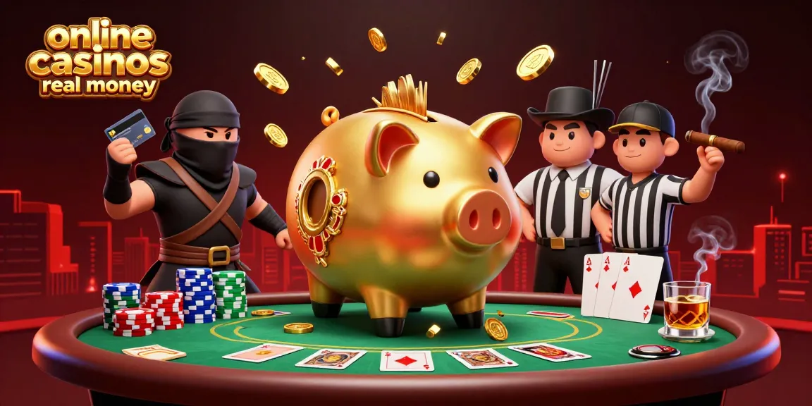 Dynamic scene featuring online casinos real money with a piggy bank wrestler, ninja, and samurai.