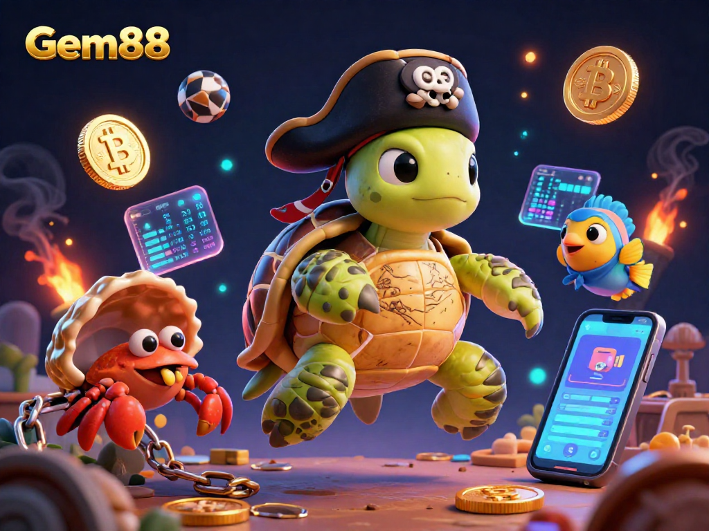 Engage with Gem88's vibrant cartoon pirate turtle scene filled with crypto elements and treasure.