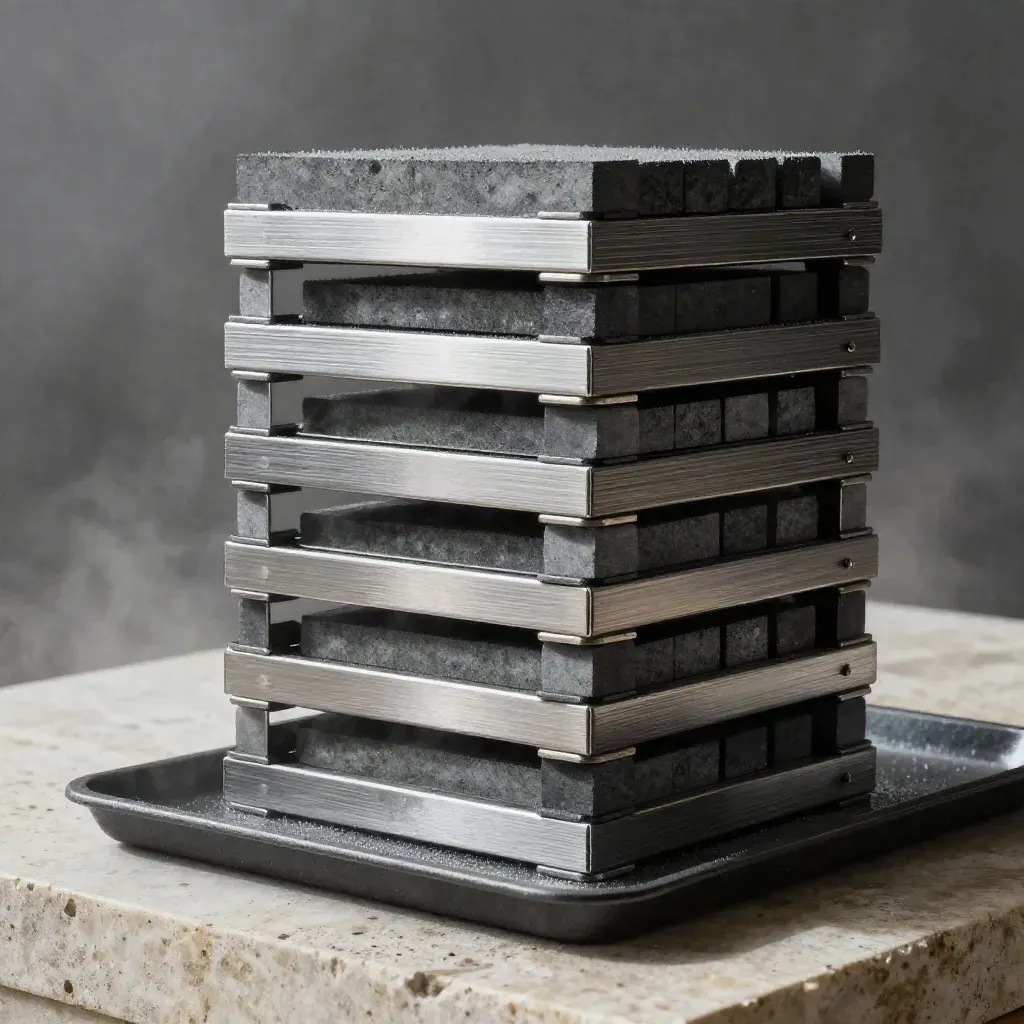 Graphite modular blocks and folders on pale stone, lit by cold dawn rain haze.