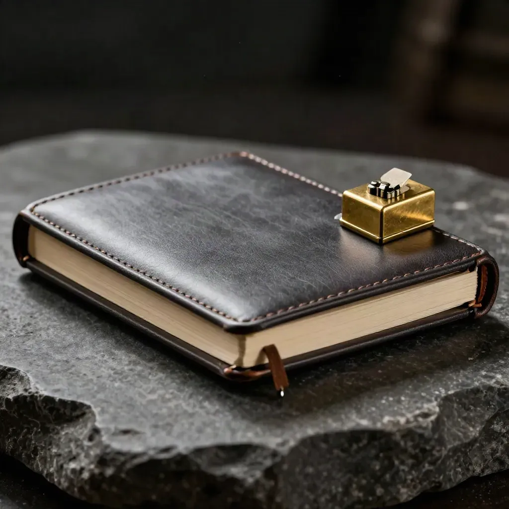 Leather notebook, steel clip, and brass paperweight on smoked stone in dramatic studio light.