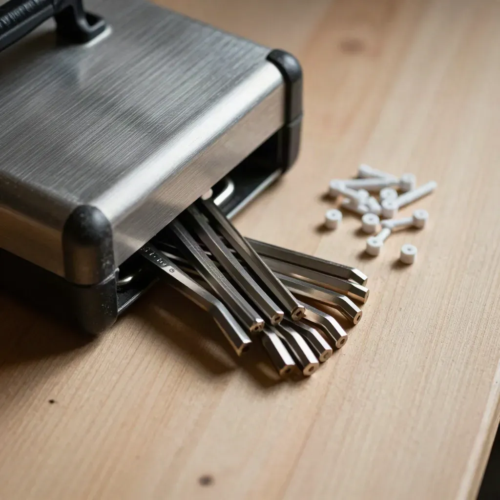 Hex keys, toolbox, and cable ferrules on pale wood in dramatic close-up.