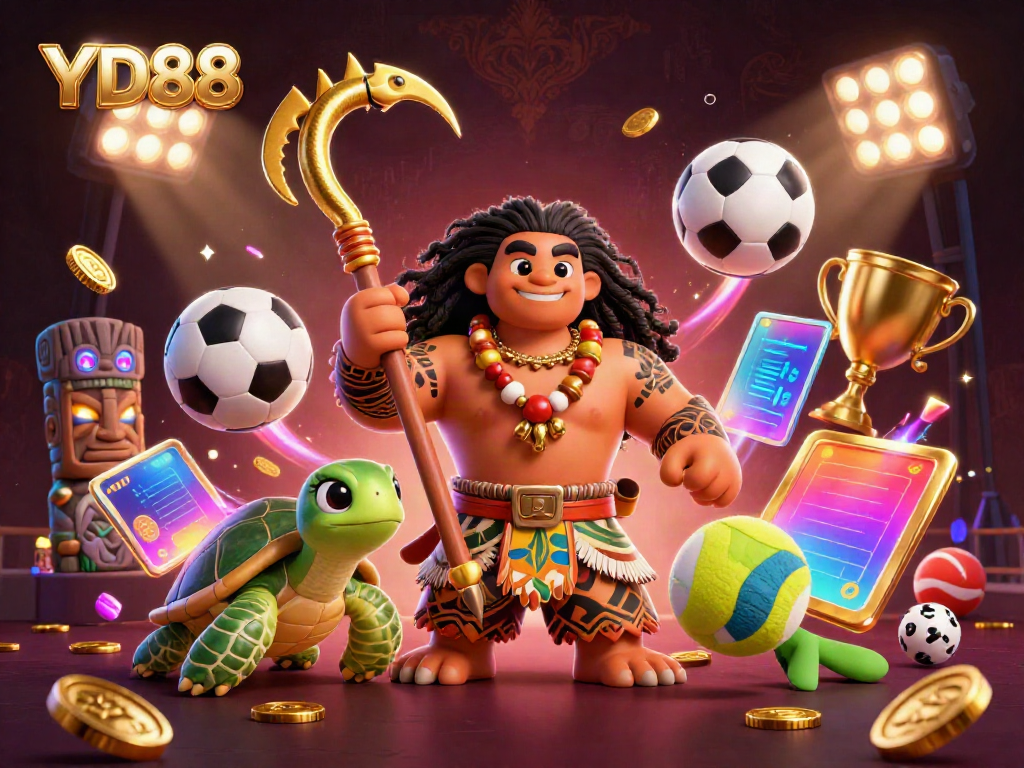 Experience thrilling entertainment at YD88 with a vibrant 3D illustration featuring dynamic sports betting elements.