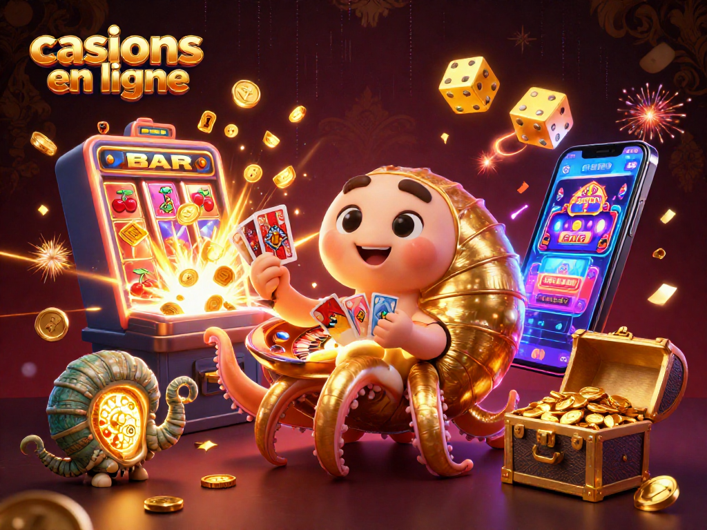 Découvrez les casinos en ligne à travers une illustration dynamique avec un nautilus, des machines à sous et des cartes.