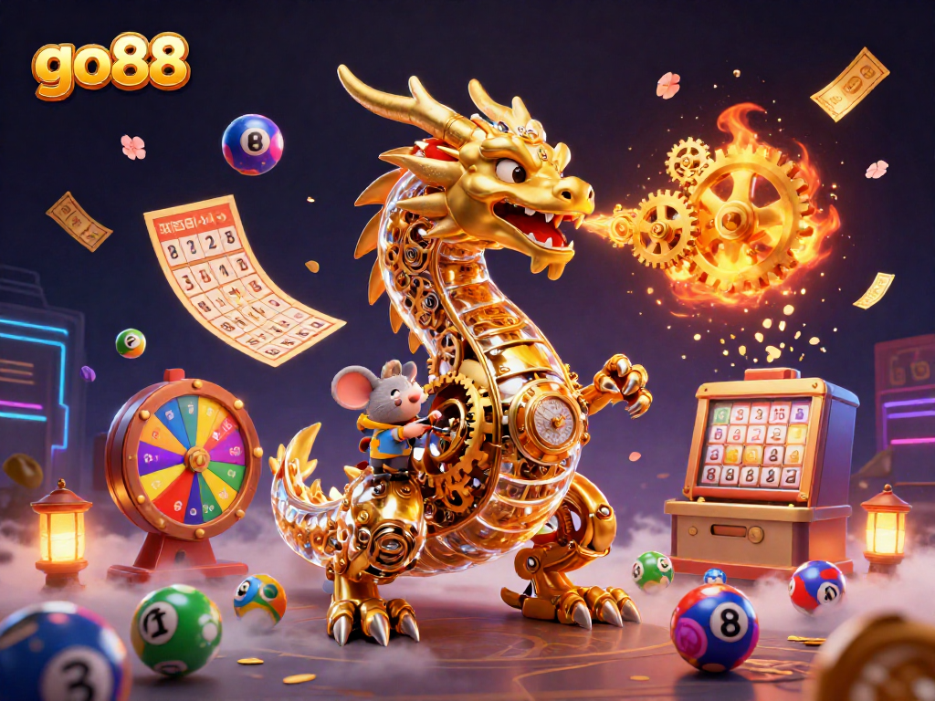go88 features a vibrant scene with a golden dragon, colorful lottery elements, and exciting game symbols.