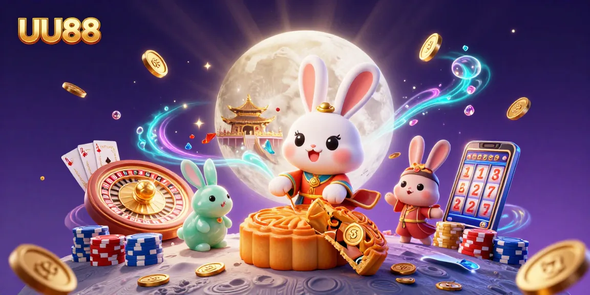 UU88 highlights a mystical moon rabbit scene with casino elements like poker chips and coins