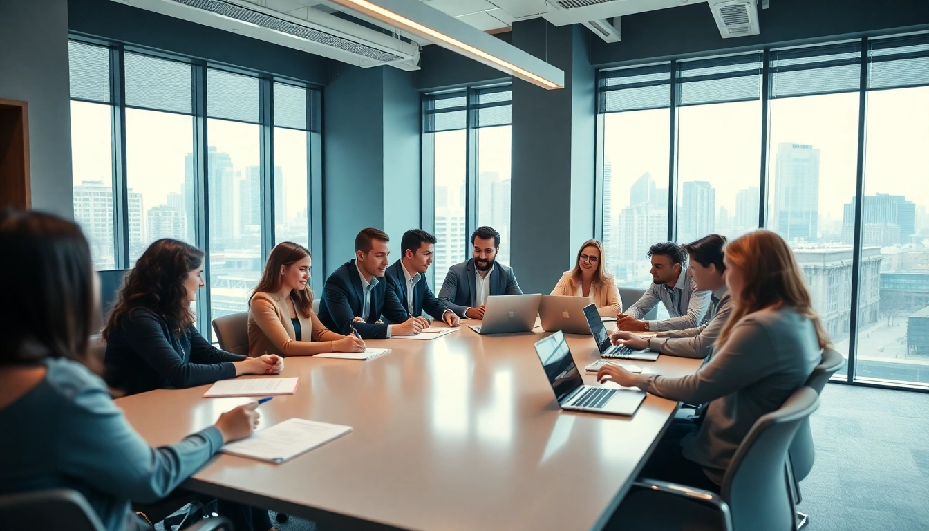 Temp agencies team meeting in a bright, modern office space with engaged professionals.