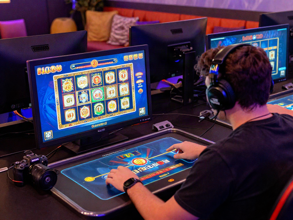 Player enjoying Slot MAHJONGJP88 in a colorful online casino setting with vibrant graphics and cozy lighting.