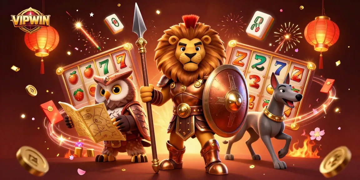 Experience excitement at VIPWIN with vibrant slot games and animated characters in a festive atmosphere.
