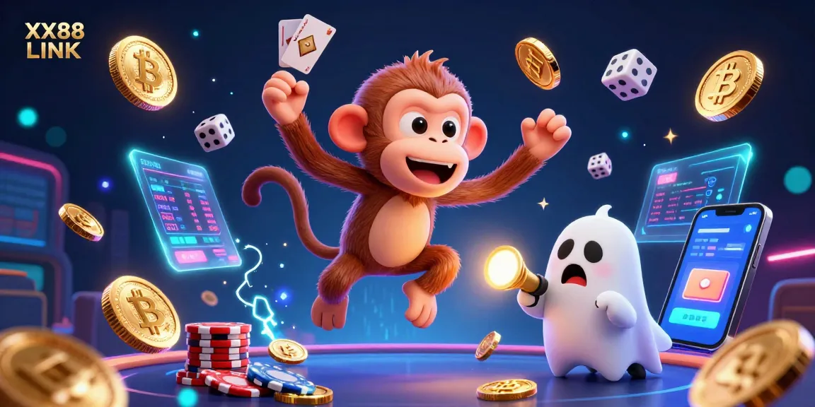 Catch the thrill of gaming with an energetic scene showcasing XX88 LINK featuring a playful monkey and ghost-hunter puppy.