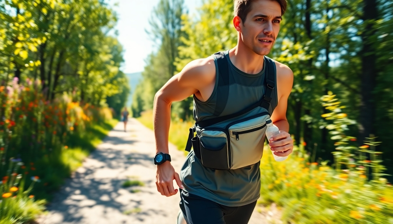 Runner showcasing durable running waist pack during a sunlit trail run.