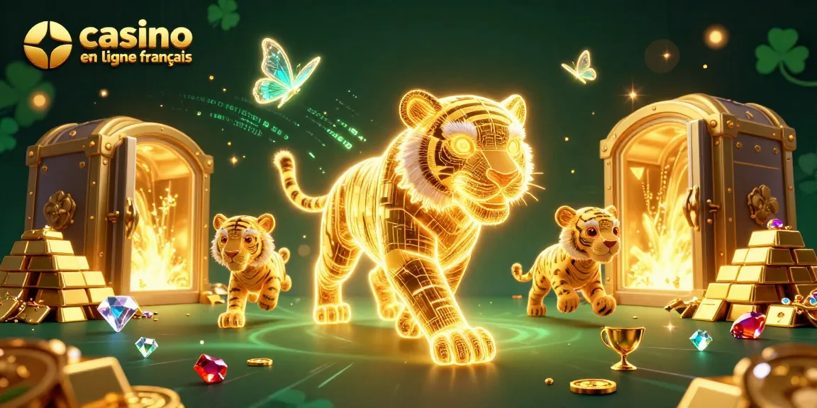 Visitez le casino en ligne francais avec le tigre lumineux dans un paysage vibrant de jeux.