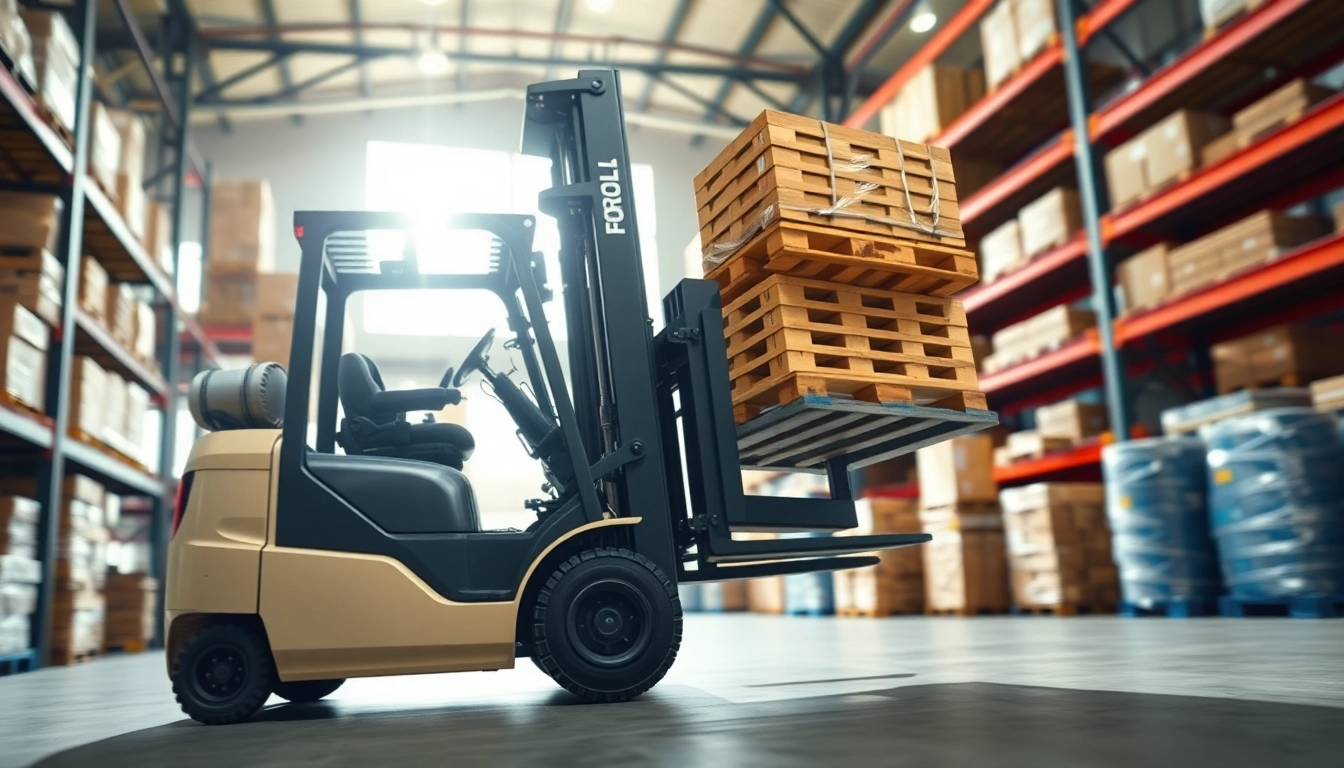 Forklift lifting pallets in a busy warehouse environment, showcasing efficiency and strength.