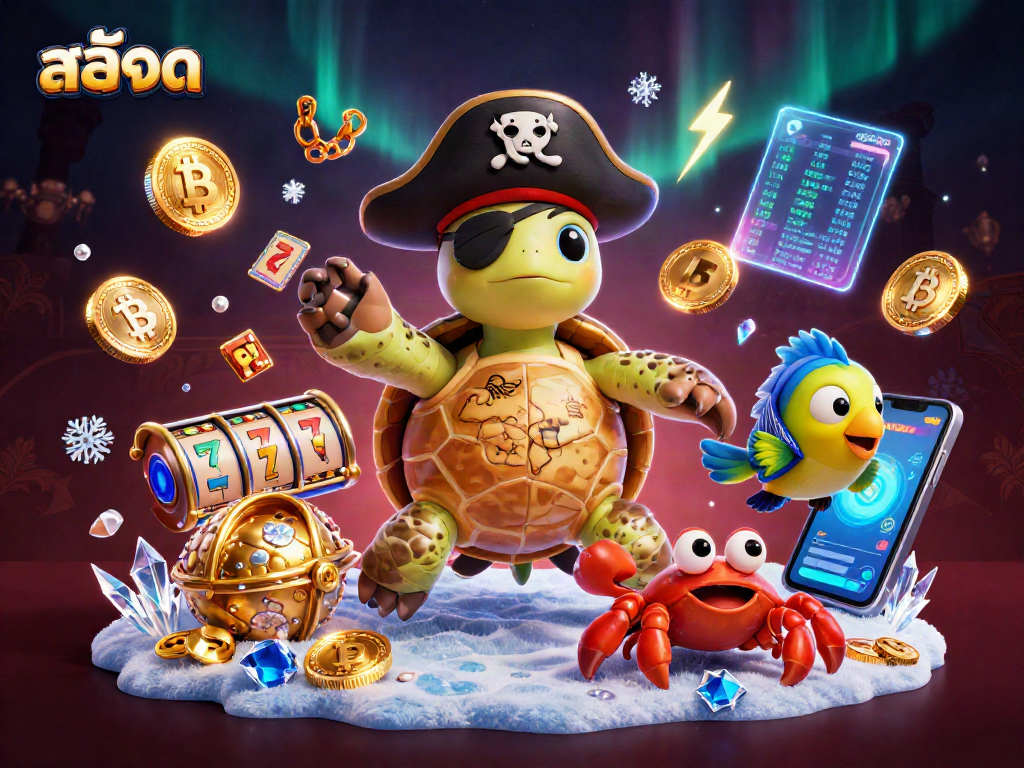 Play exciting สล็อต games with vibrant characters, including a pirate turtle and rich treasure.