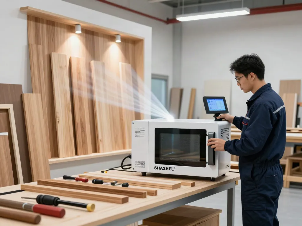 SHASHEL® microwave technology in action, eliminating woodboring insects in a modern workshop.