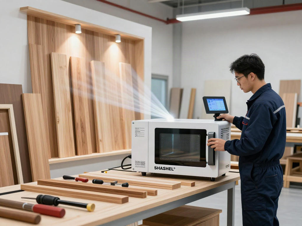 SHASHEL® microwave technology in action, eliminating woodboring insects in a modern workshop.