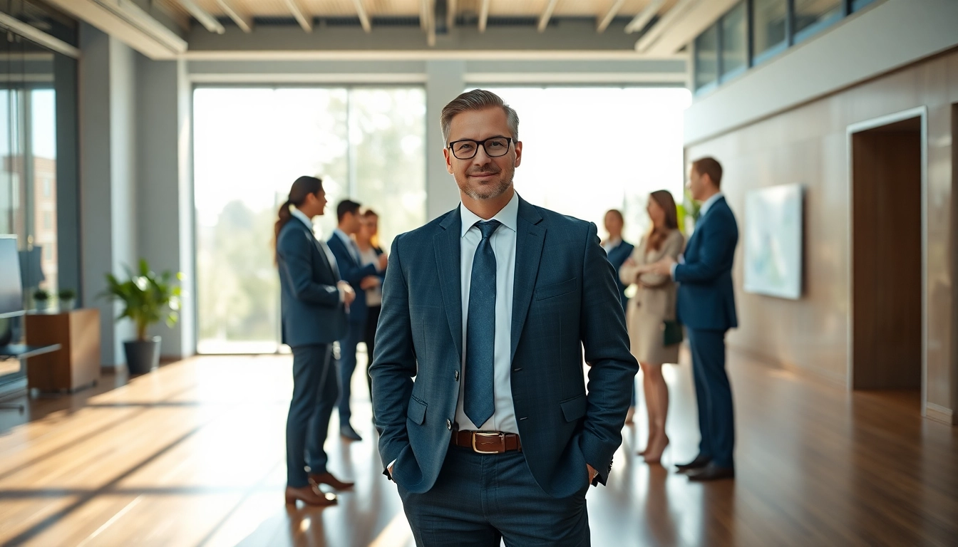 Showcasing Executive Presence in a modern office environment with a confident leader and engaged team.