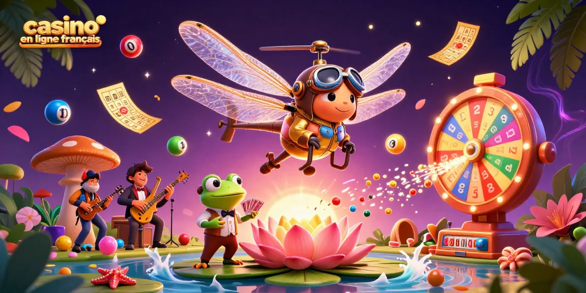 Plongez dans l'univers du casino en ligne français avec cette illustration vibrante mettant en scène un croupier grenouille et un pilote libellule.