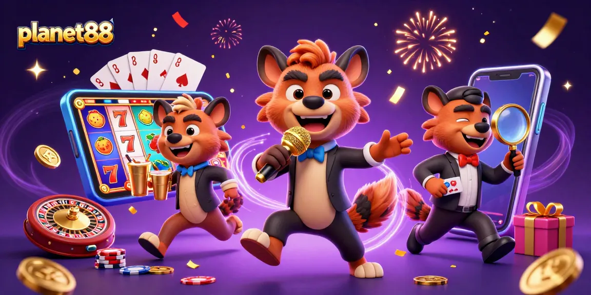 Experience the excitement of planet88 with a dynamic casino scene featuring hyenas, slot games, and festive elements.
