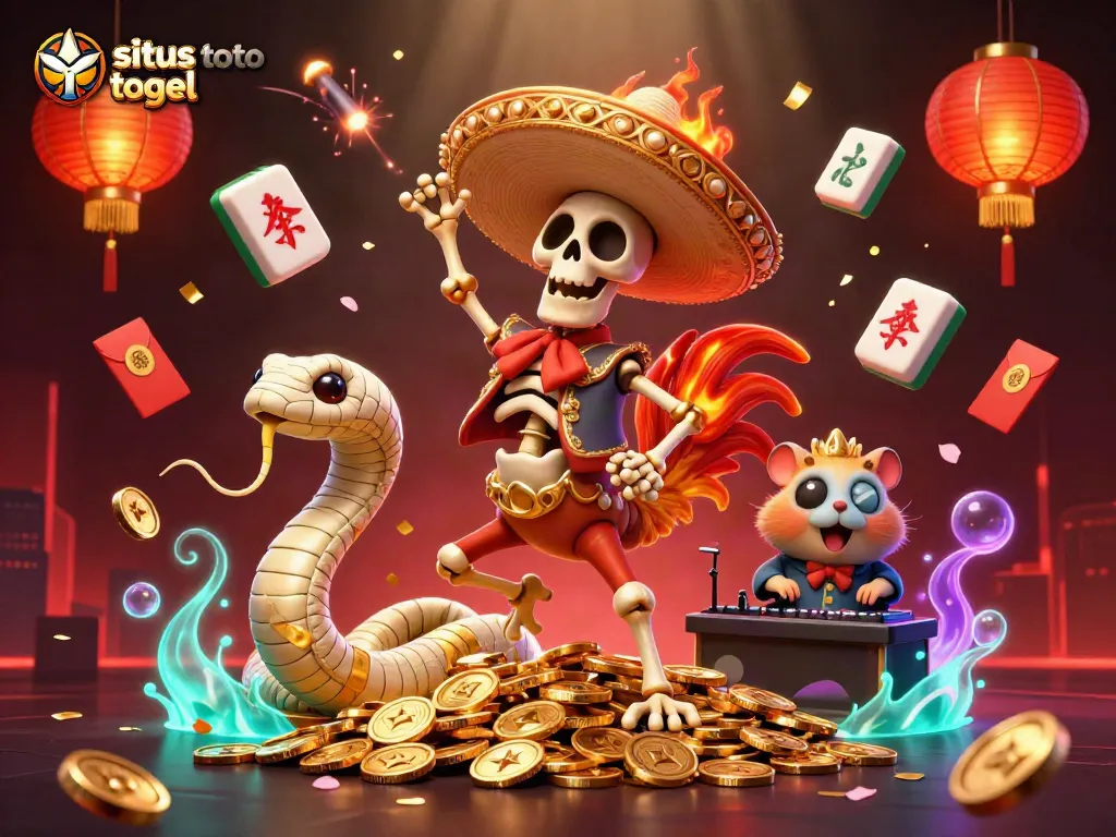 Situs toto togel ditampilkan dalam ilustrasi 3D dengan karakter meriah dan elemen permainan yang menggembirakan.