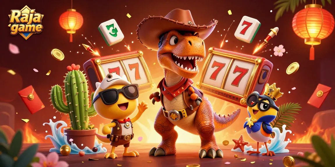 Engage with the vibrant Raja game scene featuring a T-Rex, cactus, and roadrunner amidst colorful slot elements.