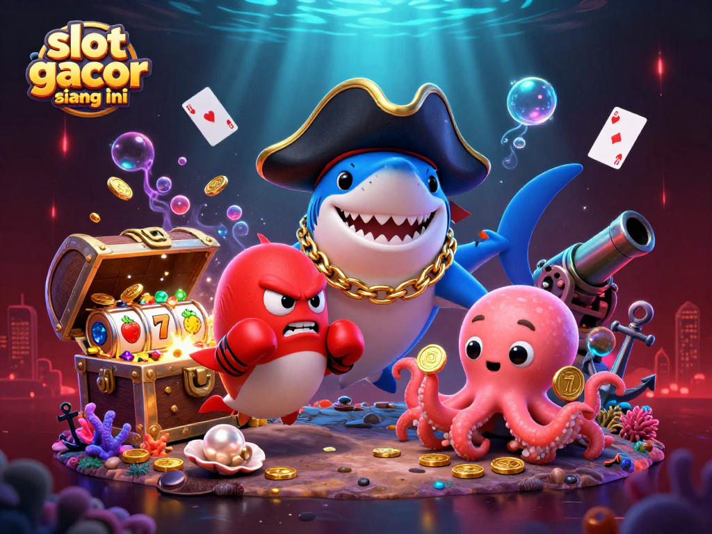 Experience the excitement of slot gacor siang ini with vibrant 3D casino elements and lively underwater characters.