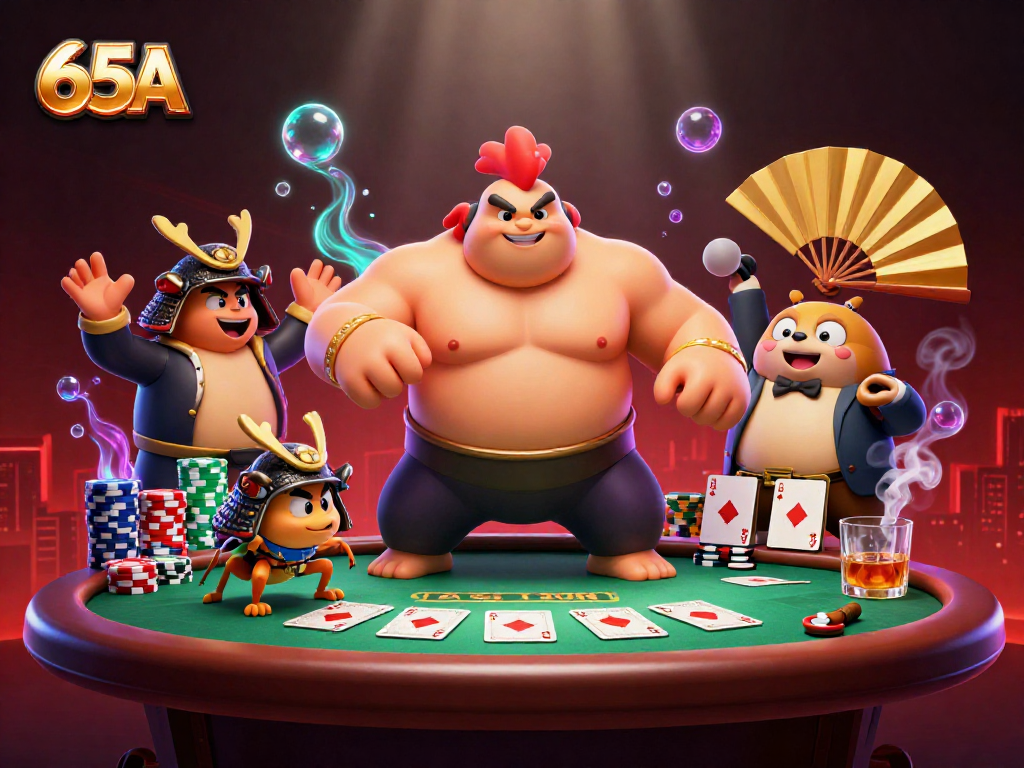 Ilustração 3D do sumô e o grilo na mesa de poker da 65A, ação do jogo vibrante.