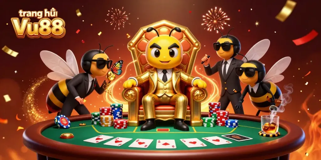 Engage with the thrilling experience at trang chủ Vu88 featuring a lively 3D casino scene with chips and cards.