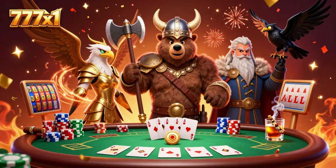 Engage with thrilling action at 777x1 with a vibrant poker scene featuring dynamic casino characters.