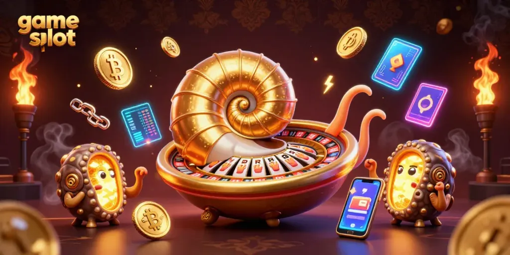 Spin thrilling game slot reels with an ancient nautilus and vibrant crypto elements.