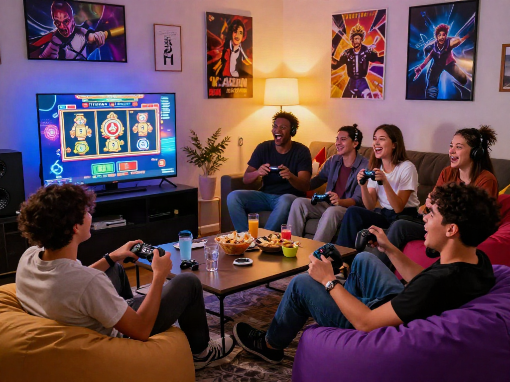 Exciting gaming scene with friends enjoying situs slot gacor maxwin on a big screen, surrounded by snacks.