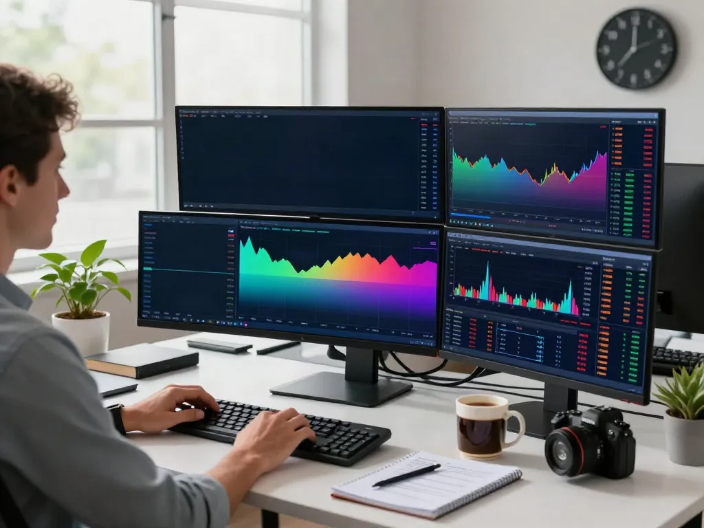 Trader engaged with tradingview官网 charts in a bright professional workspace.